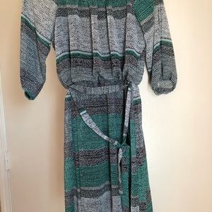 Teal, white and Black print.